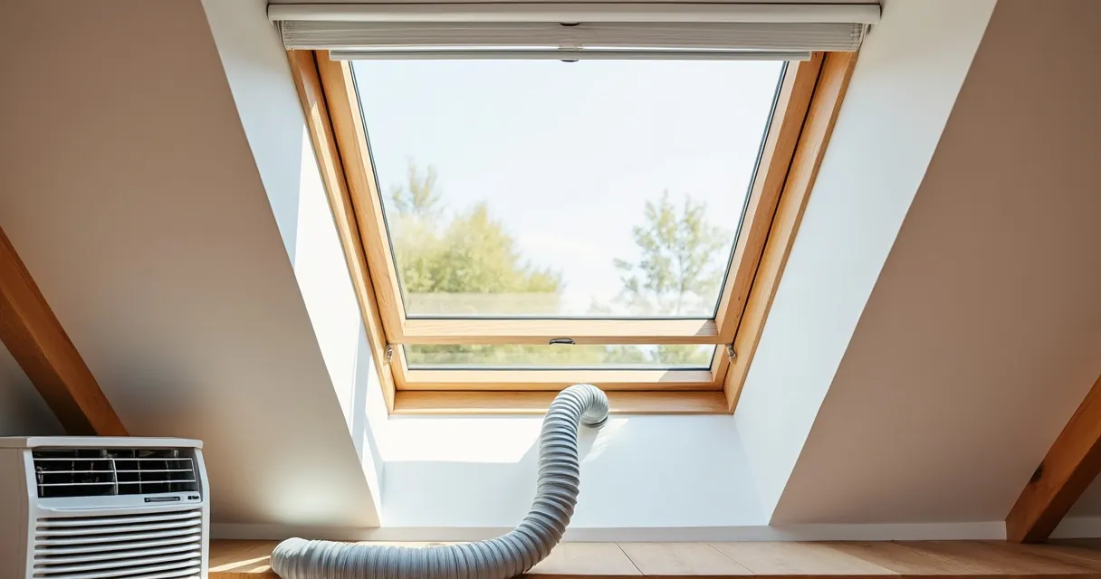 Dachschräge mit geöffnetem Dachfenster, ein grauer Abluftschlauch führt vom Boden zum Fenster hinauf; links unten ein Klimagerät, starkes Sonnenlicht