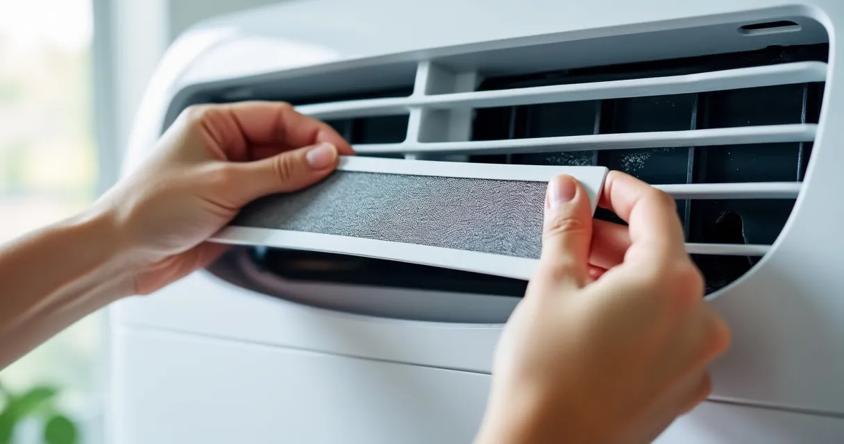 Zwei Hände ziehen einen flachen grauen Staubfilter aus dem Ansauggitter auf der Rückseite eines weißen Klimageräts; auf dem Gitter ist Staub zu sehen
