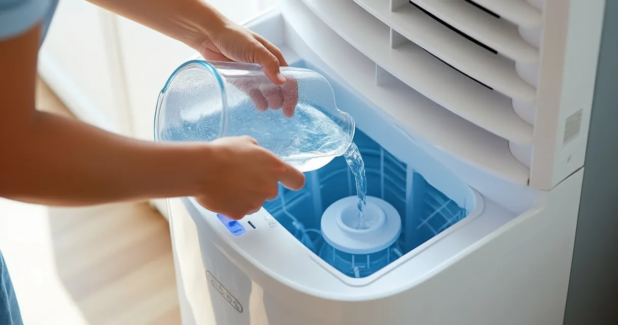 Hände gießen Wasser aus einem Glaskrug in den geöffneten Wassertank eines weißen Luftkühlers