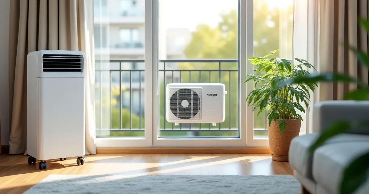 Mobile Split-Klimaanlage: ein schmales weißes Innengerät auf Rollen steht im Wohnzimmer neben der Balkontür, draußen hängt das kleine Außengerät am Balkongeländer