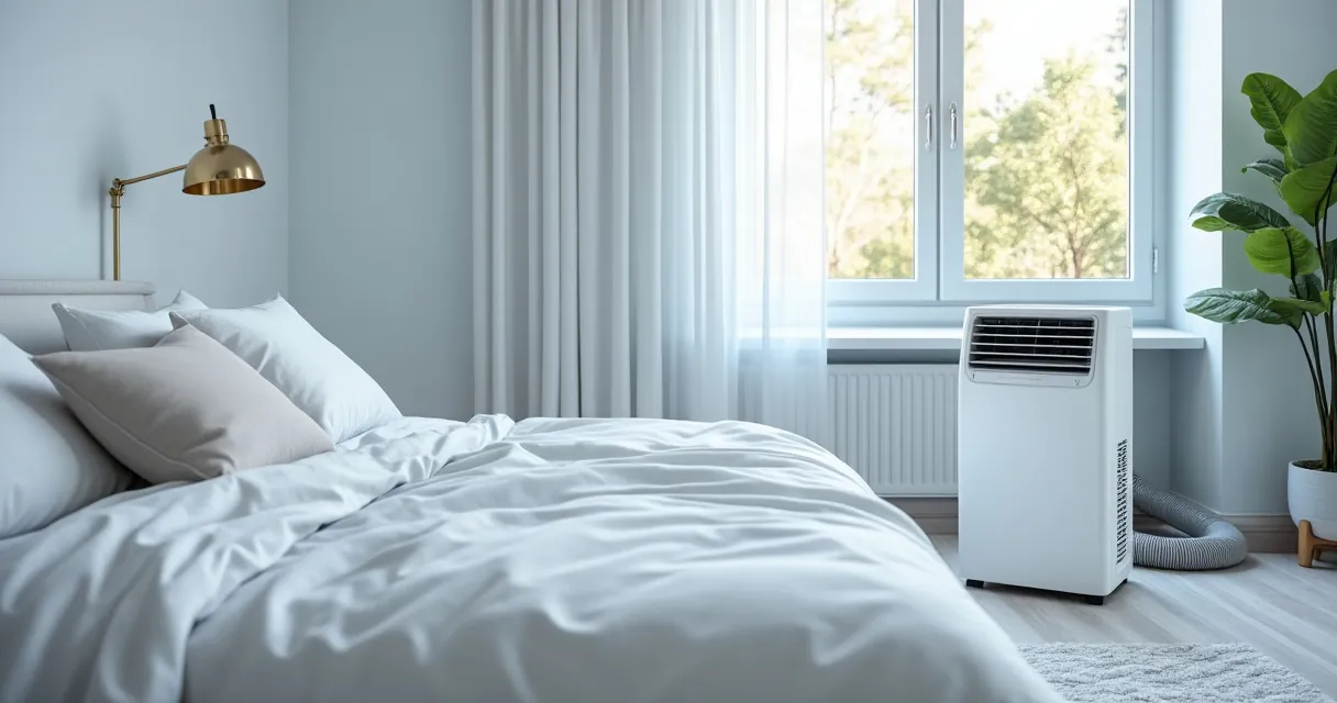 Helles Schlafzimmer mit gemachtem Bett, in der Ecke am Fenster steht ein weißes mobiles Klimagerät, der Abluftschlauch liegt dahinter