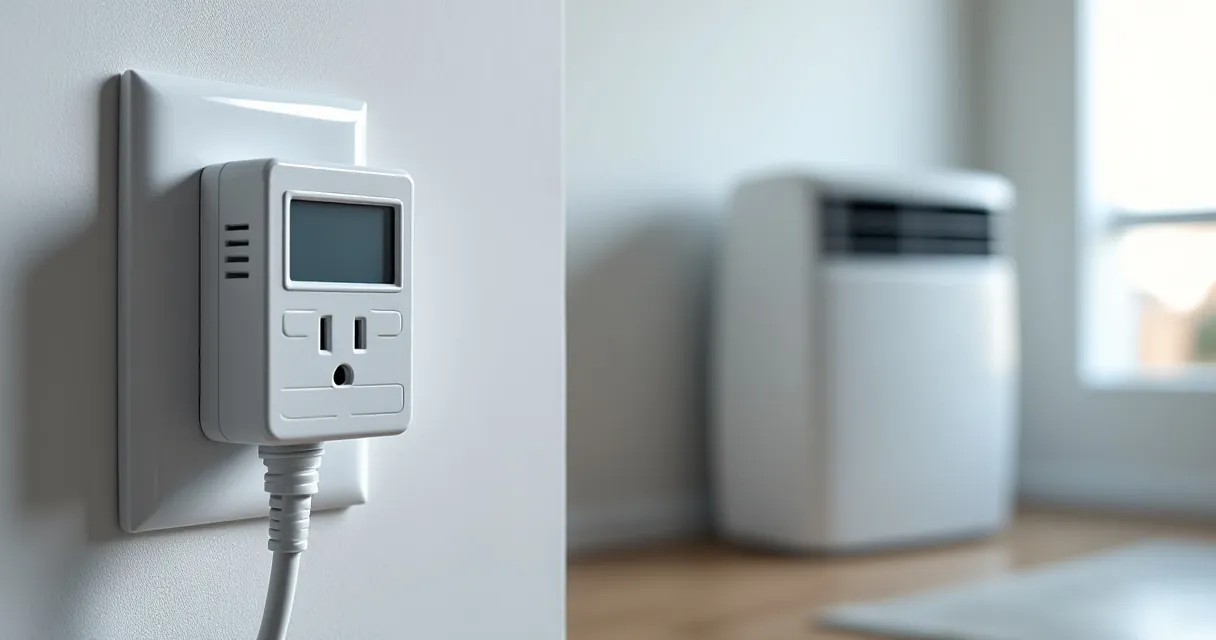 Weißes Strommessgerät mit ausgeschaltetem Display steckt in einer Wandsteckdose, das Kabel eines Klimageräts ist eingesteckt; das Gerät steht unscharf im Hintergrund